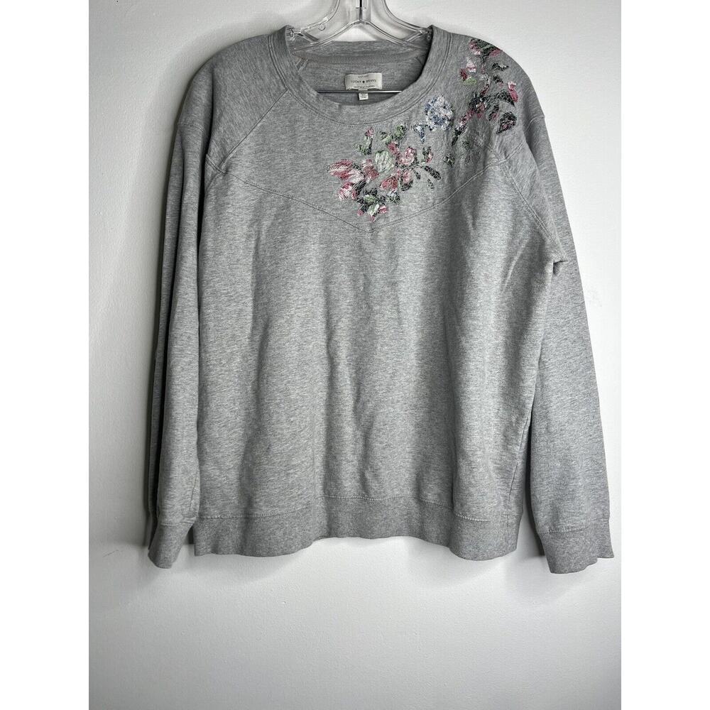 Lucky Brand Womens Pullover Crew Neck Sweater Shirt XL Gray Floral Embroidery